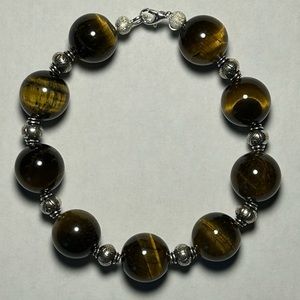Genuine 12mm Tiger Eye and Silver Tone Accents Bracelet 7.5 Inches